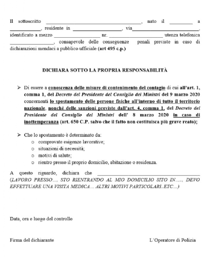 CORONAVIRUS - Ecco il modulo di autocertificazione utilizzabile per motivi di lavoro o di emergenza