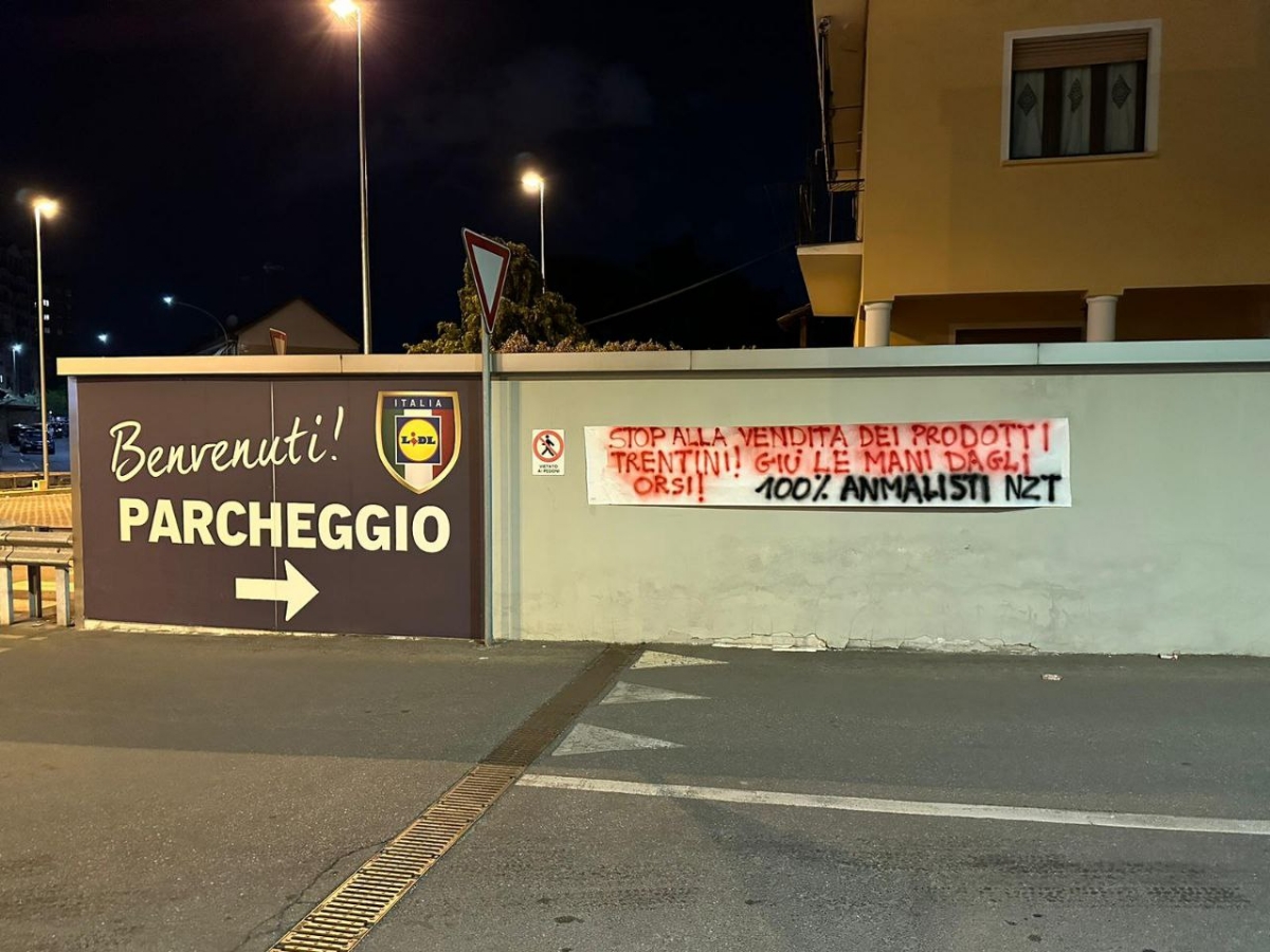 NICHELINO - Striscioni in difesa degli orsi del Trentino affissi dagli animalisti di fronte ai supermercati