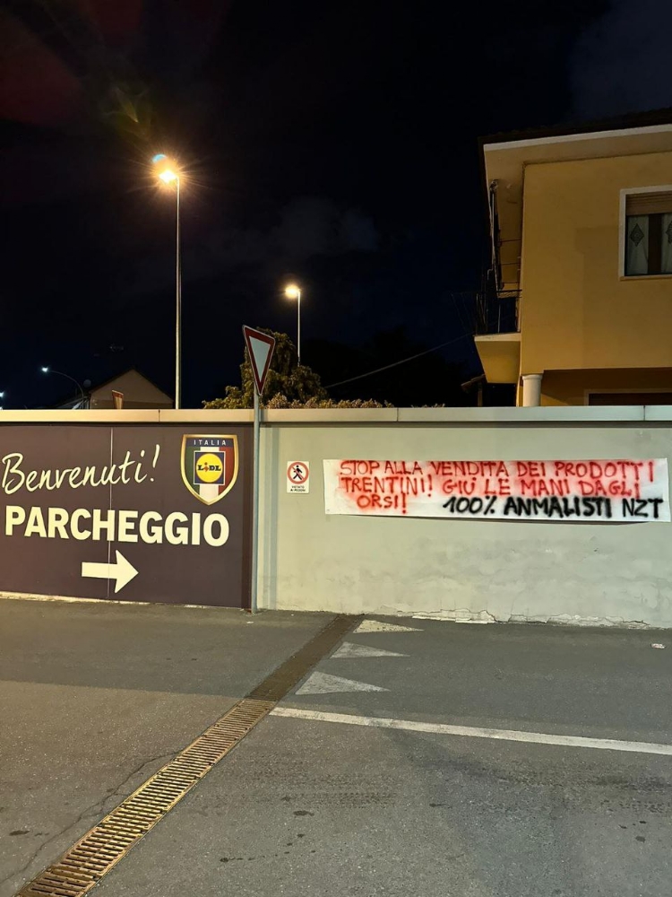 NICHELINO - Striscioni in difesa degli orsi del Trentino affissi dagli animalisti di fronte ai supermercati