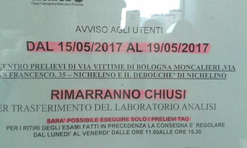 Chiusi per cinque giorni i centri prelievi Asl di Nichelino, Moncalieri, Trofarello e La Loggia