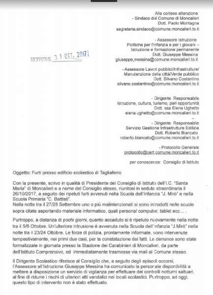 MONCALIERI - Ancora furti nelle scuole di Tagliaferro. La richiesta: «Installate subito l'antifurto»