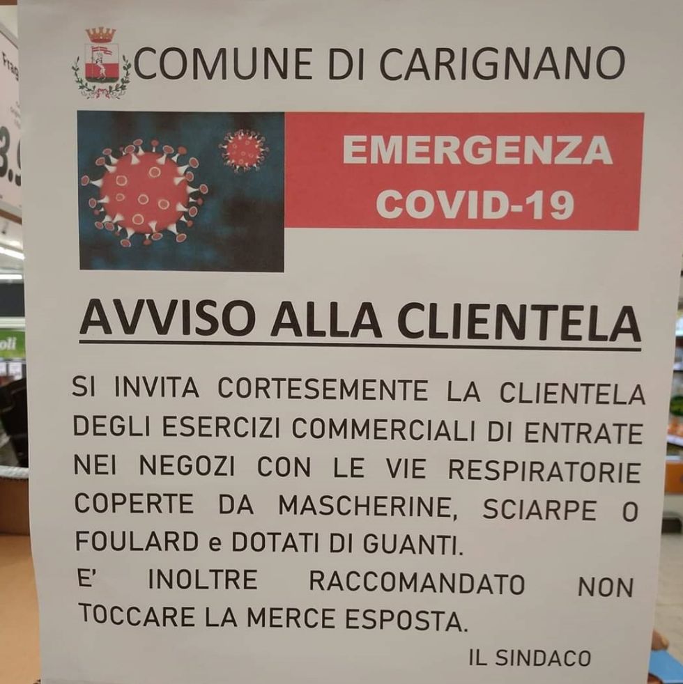 CARIGNANO - Il sindaco Albertino: 'Entrate nei negozi con mascherina e guanti'