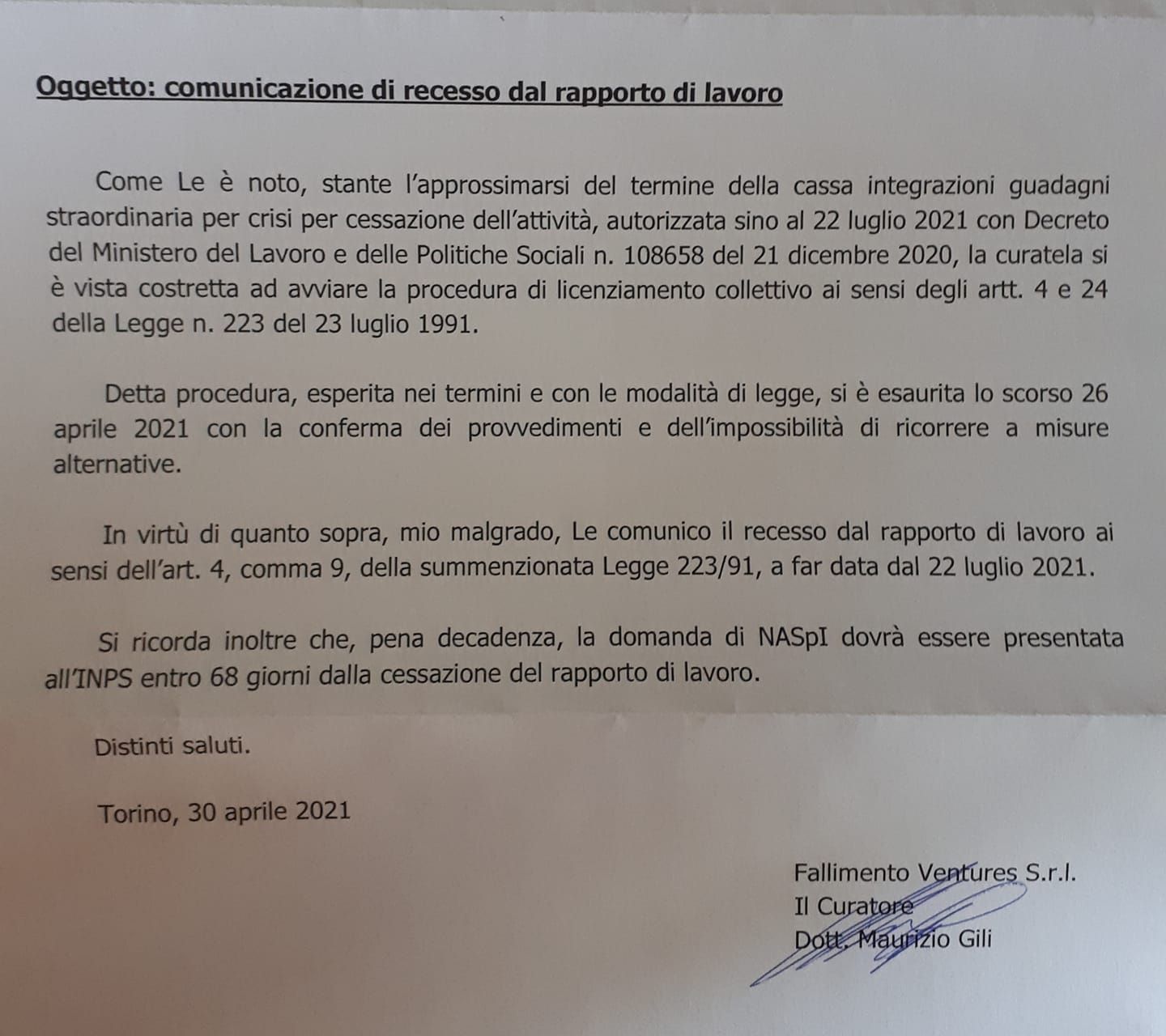 Lettera di licenziamento per cessata attività