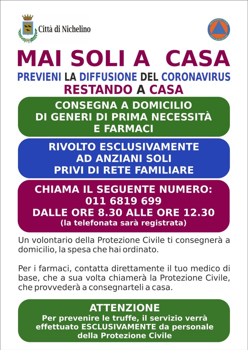 NICHELINO - Il Comune organizza la spesa a domicilio per gli anziani